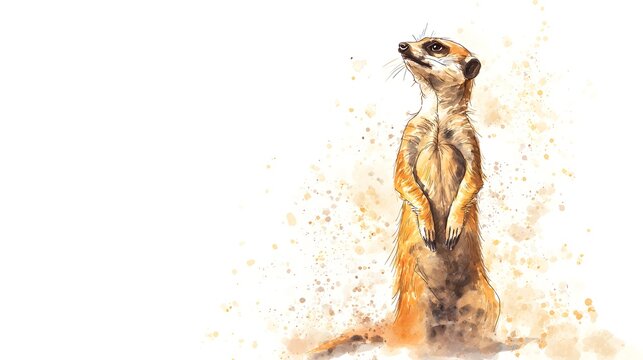 Alert meerkat watercolor illustration charming wildlife art warm colors soft textures minimal background serene design