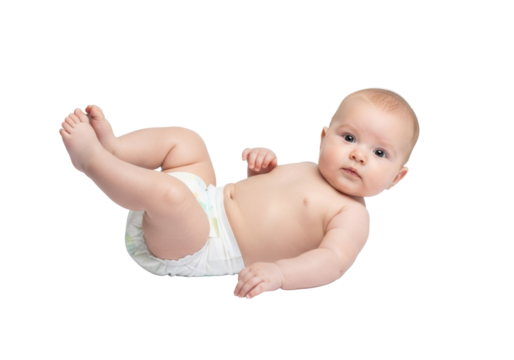 A fair-skinned infant, 3-6 months, in a transparent diaper, lying on its back, looking curiously at camera on transparent with subtle reflections, concept of innocence and new beginnings