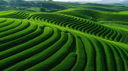 Aerial Top Down Drone View of Sustainable Contour Farming Layout with Geometric Green Crop Patterns illustrating Agricultural Land Management and Texture
