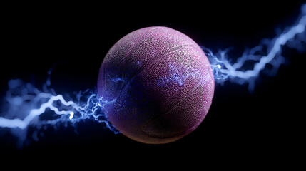 A basketball surrounded by dynamic blue electric lightning on a black background, creating a dramatic and energetic visual effect