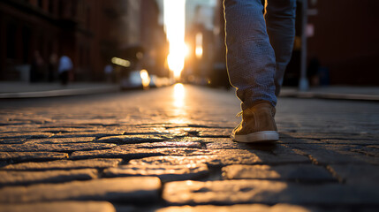 Person walking on cobblestone street at sunset, with warm light reflecting off the stones and tall buildings lining the blurred urban background