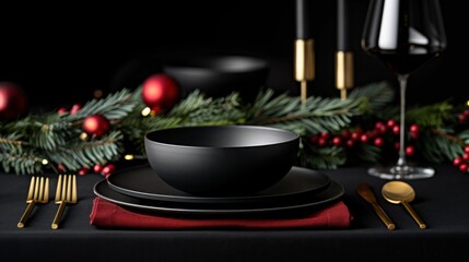 Luxurious Dark Christmas Dinner Table Setting with Gold Cutlery Candelabras and Evergreen Garland Centerpiece in Moody Lighting