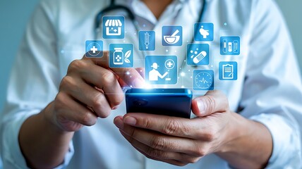 Doctor using a smartphone with holographic medical icons floating above the screen for digital health and telemedicine services