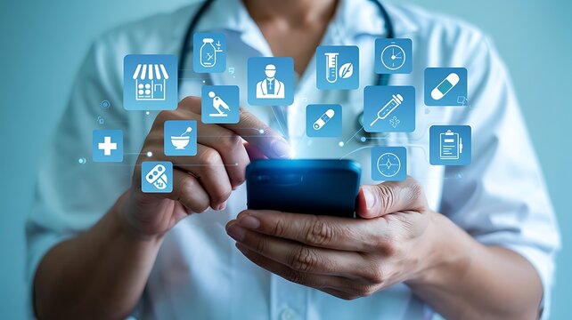 Doctor wearing a white coat and stethoscope uses a smartphone with holographic medical icons floating above the screen for digital healthcare innovation