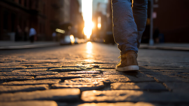 Person walking on cobblestone street at sunset, with warm light reflecting off the stones and tall buildings lining the blurred urban background - Powered by Adobe