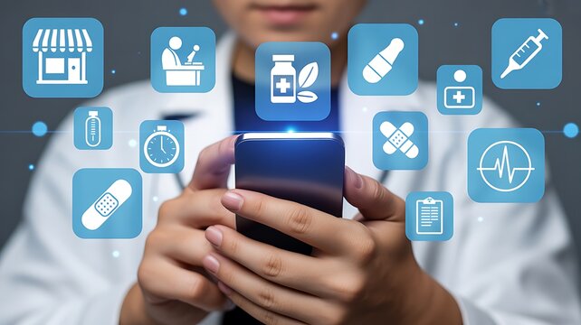 Doctor holding smartphone with digital health icons representing telemedicine pharmacy and medical services in a modern healthcare concept