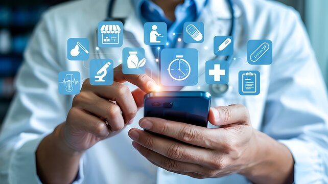 Doctor wearing white coat using smartphone with futuristic medical icons floating above screen representing digital health technology innovation