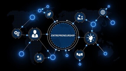 innovative corporate system technology graphic. global business innovation and entrepreneurship network dashboard. futuristic entrepreneurship interface with global business icons. - Powered by Adobe