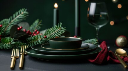 Luxurious Dark Christmas Dinner Table Setting with Gold Cutlery Candelabras and Evergreen Garland Centerpiece in Moody Lighting