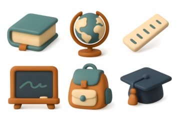 Clay modeled academic icons including earth globe, books, school bag and graduation hat. Creamy diffuse light, warm nostalgic palette, soft edges, transparent background, retro pastel character design