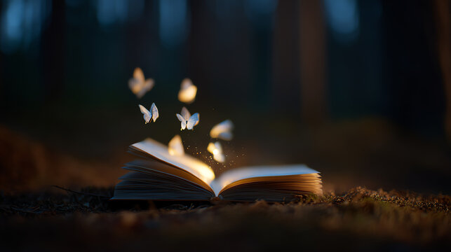 An open book glowing softly in a dark forest with illuminated butterflies rising from its pages, creating a magical and enchanting atmosphere - Powered by Adobe