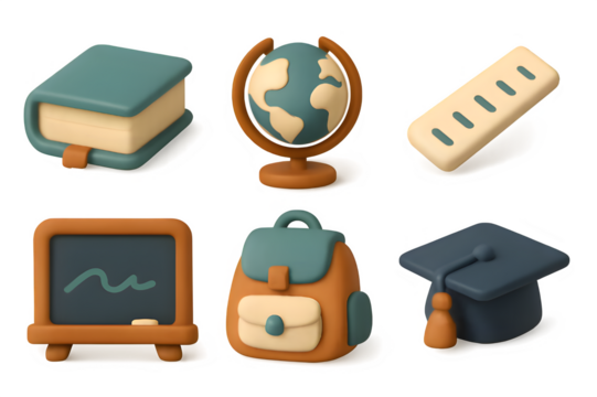 Clay modeled academic icons including earth globe, books, school bag and graduation hat. Creamy diffuse light, warm nostalgic palette, soft edges, transparent background, retro pastel character design