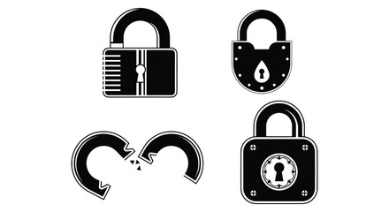 Four black and white icons representing different types of locks and a broken lock.