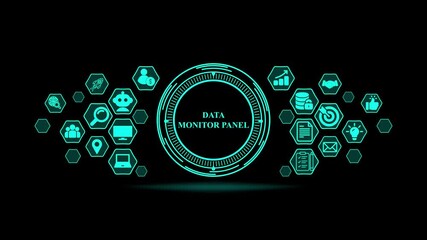 Data Monitor Panel Futuristic Interface with Icons . Technology, Internet and network concept 4k video .	 - Powered by Adobe