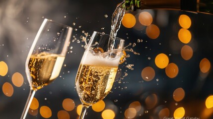 Luxurious New Year's Eve Champagne Toast Close Up with Golden Splash and Bokeh Lights Background symbolizing Celebration and Success