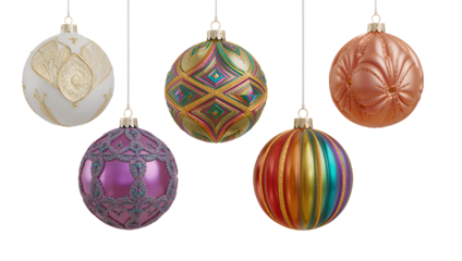 Colorful festive christmas ornaments hanging with elegant holiday background
