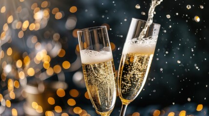 Luxurious New Year's Eve Champagne Toast Close Up with Golden Splash and Bokeh Lights Background symbolizing Celebration and Success