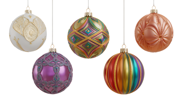 Colorful festive christmas ornaments hanging with elegant holiday background