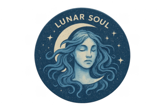 Lunar soul celestial woman meditating on crescent moon