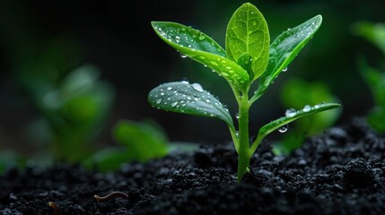 Extreme Macro Shot of Green Sprout Emerging from Dark Rich Compost Soil with Water Droplets showing Agricultural Growth and Environmental Soil Health
