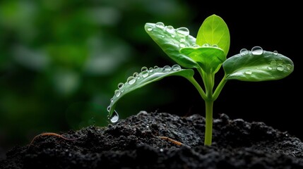 Extreme Macro Shot of Green Sprout Emerging from Dark Rich Compost Soil with Water Droplets showing Agricultural Growth and Environmental Soil Health