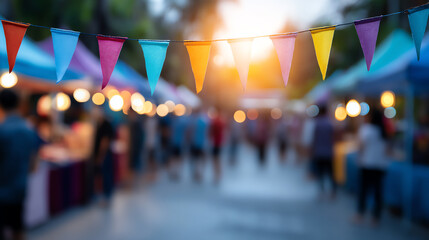 Colorful triangular pennant flags hang above a blurred outdoor market scene at sunset, with warm lights and people creating a festive atmosphere