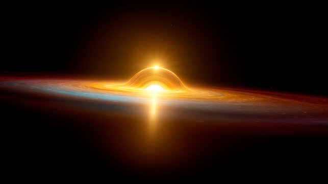 A glowing black hole surrounded by a bright, swirling accretion disk emitting light and energy against the dark backdrop of space