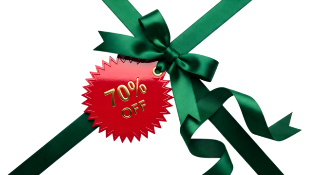 Green ribbon gift bow with red 70 percent off discount tag