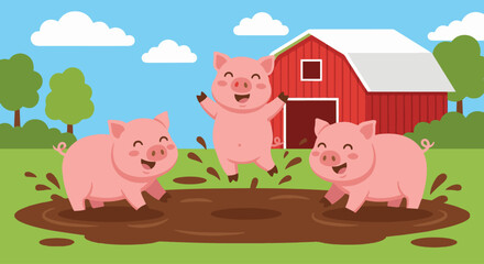 Piglets Playing in a Mud Puddle Flat vector piglets splashing joyfully in a mud puddle, barn in the background  © WealthyMinion