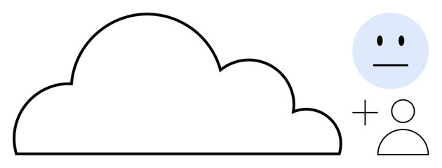 Cloud shape with a neutral face emotion and user icon connected by a plus sign. Ideal for data storage, technology, user interaction, feedback, networking, digital services, simple flat metaphor