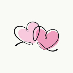 Two Hearts one line drawing. Two Hearts single line illustration. Two Hearts minimalist line art. Two Hearts vector art