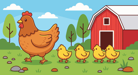 Chicken Family Crossing the Yard
Flat vector chicken with her chicks walking across the farmyard,
