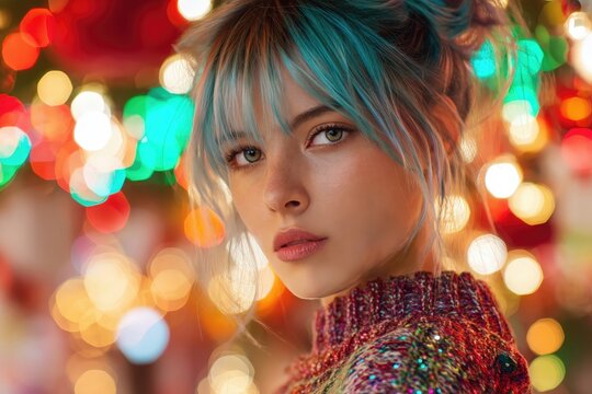 Retrato de una joven con cabello azul y mirada intensa entre luces de colores.