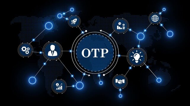 otp data visualization with cyber security symbols. digital one time password concept on blue virtual screen. blue glowing network background for two factor authentication.