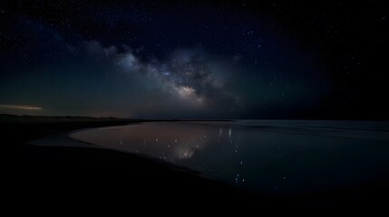 Fototapeta premium Tranquil night seascape reflects a breathtaking Milky Way cosmic panorama serene beauty