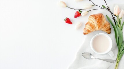 A top-down view of a breakfast spread including a croissant, a cup of coffee, fresh strawberries, and tulips arranged on a white surface with a linen cloth and