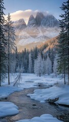 Frozen Forest Stream and Mountains