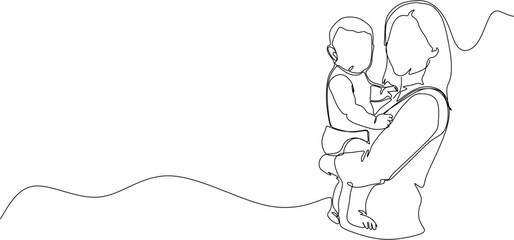 Continuous line drawing. Mother holding baby. Vector illustration.