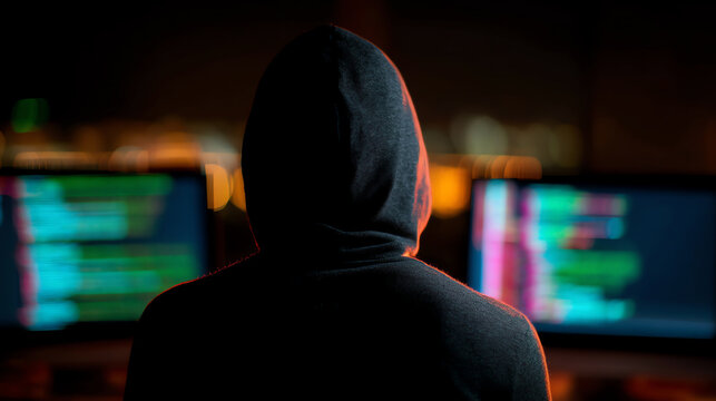 Person in a hooded sweatshirt sits in front of two blurred computer screens displaying colorful code in a dark room, evoking themes of cybersecurity and programming