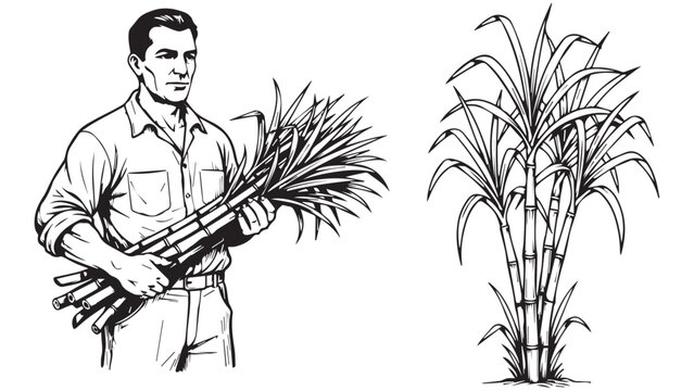 A black and white line drawing of a farmer holding a bundle of harvested sugarcane stalks next to a full sugarcane plant.