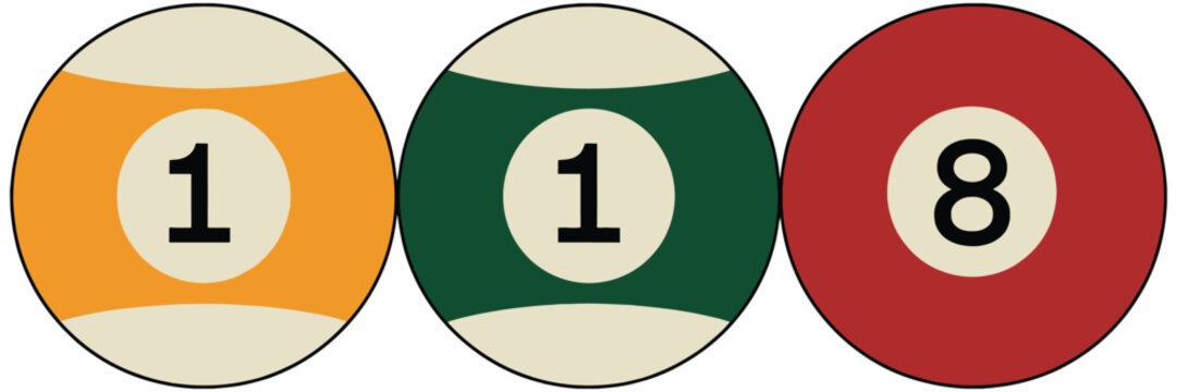 billiard balls numbered one through eight, vector icons with traditional pool colors, ideal for sports illustrations, gaming interfaces, recreational graphics, and digital or print design projects.