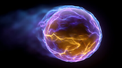 A basketball surrounded by glowing purple and yellow electric energy effects on a dark background, symbolizing power and dynamic motion in sports