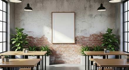 Empty picture frame in a restaurant setting with brick wall and plants, interior design.