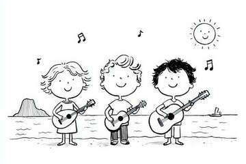 Tres ni&ntilde;os tocando la guitarra en la playa al atardecer.