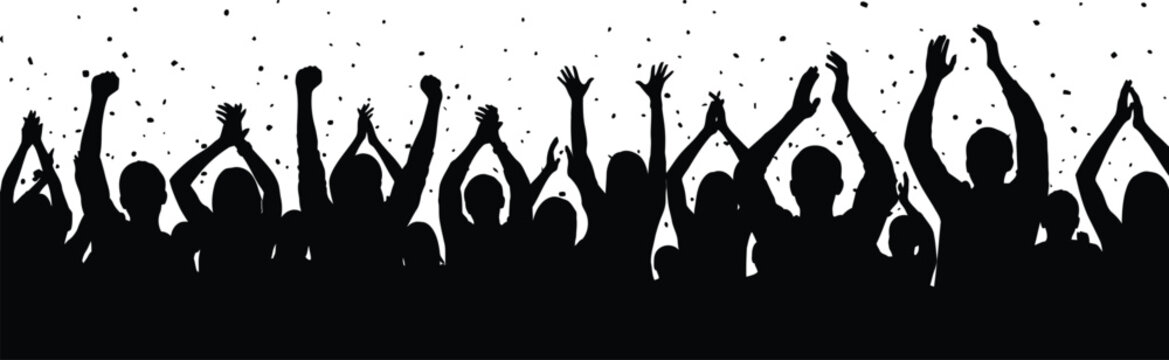 Vibrant silhouette of a cheering crowd with raised hands, celebrating an event with excitement and joy, isolated on white background