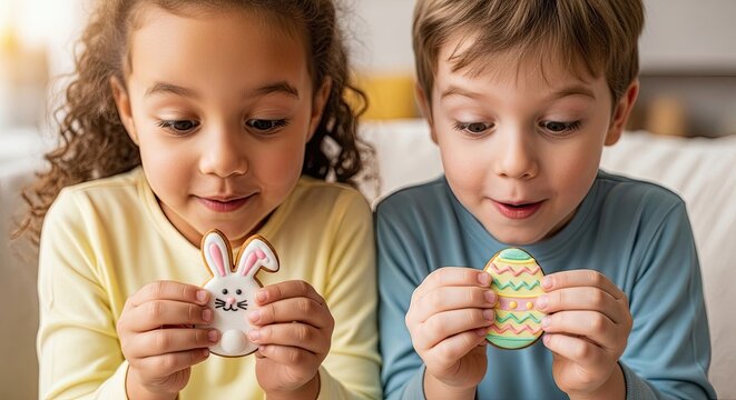 Children admiring Easter cookies, celebrating holiday baking excitement and shared family joy