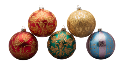 Festive glitter christmas ornaments with intricate patterns on isolated background