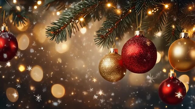 Festive Christmas celebration scene featuring elegant red and gold ornaments hanging