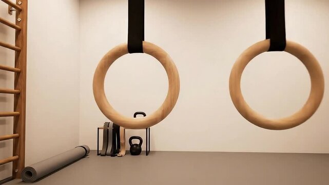 Modern home gym interior with wooden gymnastic rings and functional training equipment for bodyweight exercises