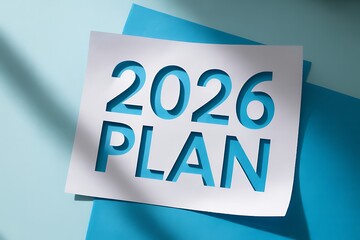 A blue sticky note displays the words 2026 plan, The clean design feels organized and clear, It represents planning and setting new objectives.
